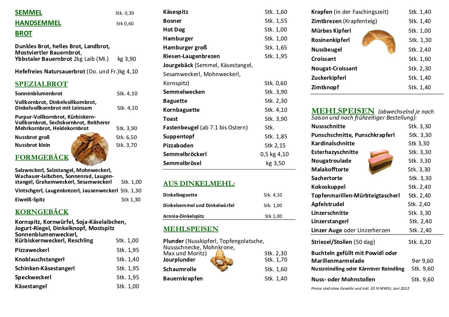 Bäckerei Patrick Kronsteiner - Preisliste